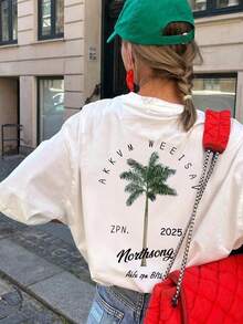 1 pieza de camiseta relajada para mujer - lavable a máquina, camiseta con estampado de árbol de coco, adecuada para viajes y uso vacacional, estilo de verano, ropa de mujer. - Azul claro - Ver 3