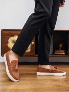 男士平底套脚乐福鞋，轻便休闲风格，带流苏装饰 - 棕色 - 查看 5