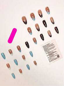 24片杏仁形蓝棕渐变法式波点全覆盖美甲贴片，包含1瓶甲油胶和1把指甲锉，适合所有女性和女孩日常佩戴、节日、秋冬季美甲用品。 - 彩色 - 查看 3