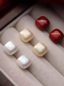 1对经典欧美时尚优雅方形糖粒耳钉，2026新款仿珍珠方形耳环，轻盈奢华秋冬耳环 - 彩色 - 查看 3