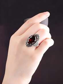 2026 New Collection Of Fine JewelryRetro Exaggerated Design Elegant Women's Fashion Oval Artificial Synthetic Red Garnet Ring Classic Design Women's Engagement And Proposal Ring Birthday Party Anniversary Gift Cocktail Banquet Jewelry High-End Accessories - 藍色 - 查看 8