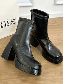 黑色软后拉链欧美风时尚女靴，厚底防水厚底圆头百搭优雅街头风音乐节假日派对踝靴，四季皆宜 - 黑色 - 查看 10