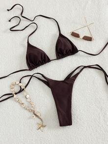 New Bohemian Style Elegant Cute 2pcs Set Chocolate Brown Solid Color Sexy Cute Mini Bra And Thong, Beachwear Summer Beach Vacation Pool Party Nightclub Music Festival - Brown - View 1