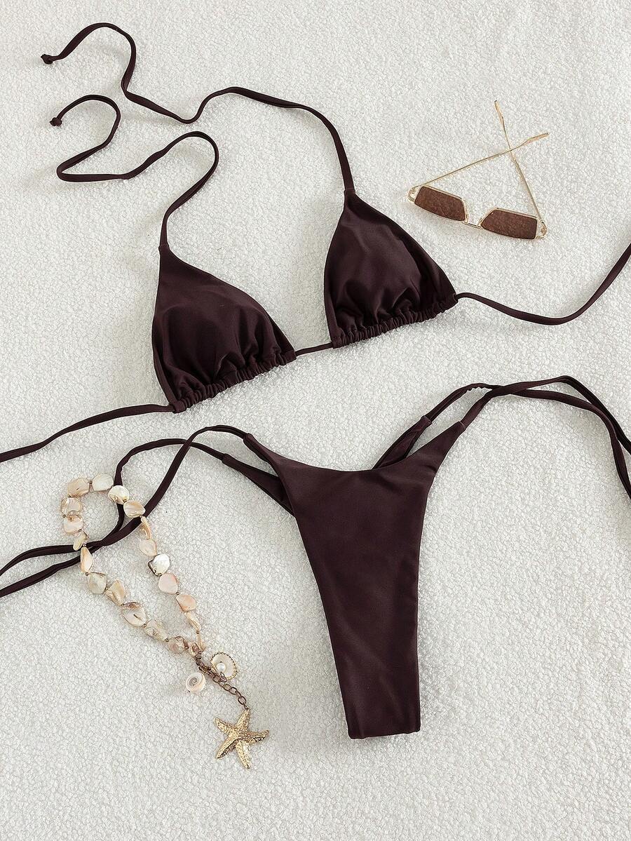 New Bohemian Style Elegant Cute 2pcs Set Chocolate Brown Solid Color Sexy Cute Mini Bra And Thong, Beachwear Summer Beach Vacation Pool Party Nightclub Music Festival - Brown - View 1