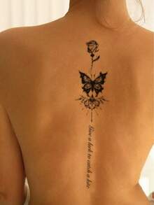 1pc Spinal Dark Rose Butterfly Temporary Tattoo Sticker, Semi-Permanent Waterproof Sweatproof Lasts 1-2 Weeks, Realistic Herbal Juice Effect, Non-Friction, Non-Reflective, Black, Unisex, Applicable To Arms, Chest, Legs, Abdomen, Waist, Fingers, Neck, Spine And Other Areas, Modern Minimalist Body Art - Black - View 4