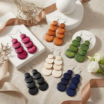 6对/套木质圆形几何耳环，复古风格，配金属耳钩，时尚首饰套装，适合日常佩戴和送礼，四季皆宜的配饰