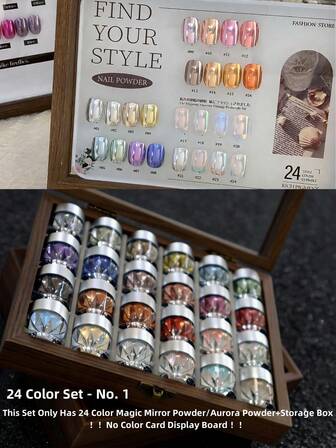 24 färger premium magiskt spegelnagelpuder, superljust 24 färger magiskt spegelsminkpuder, gör-det-själv-nagelkonst och nageltillbehör, julnagelkonst, nageldekorationspärlnagelpuder, inkluderar förvaringslåda (ingen färgkortsdisplay)