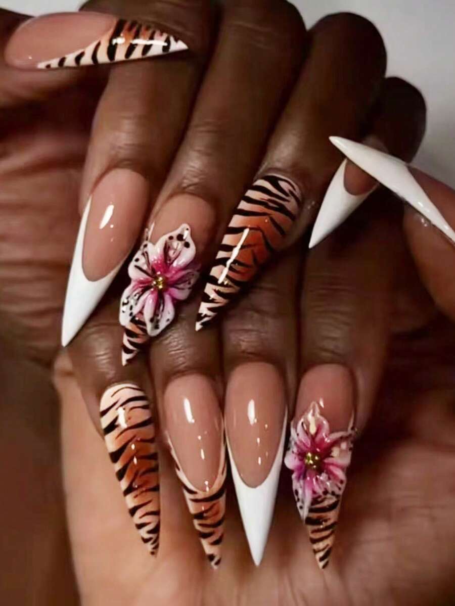 24 piezas Pegatinas de manicura francesa con estampado de cebra a rayas transparente en 3D con atardecer, removibles, adecuadas para uso diario, trabajo, citas de mujeres, incluye 1 pieza de gel de gelatina + 1 pieza de lima de uñas