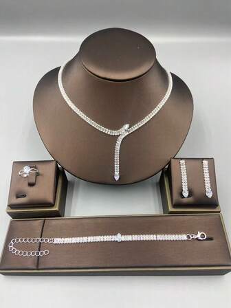 Juego de 5 piezas de joyería de moda para mujer, collar + aretes + pulsera + anillo de cristal de circonita, glamoroso y elegante, versátil para bodas, galas, fiestas y días festivos