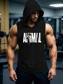 时尚无袖连帽健身背心，多功能大码男士服装，时尚印花设计展现个性 - 黑色 - 查看 1