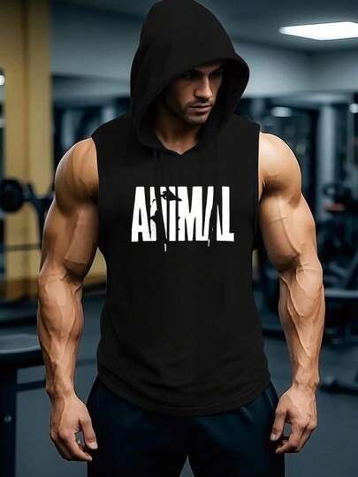 Modernt ärmlös fitnesslinne med huva, mångsidiga herrkläder i plusstorlek, snygga tryckta designer med personlig design