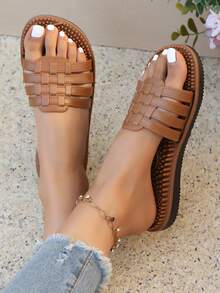 女士夏季编织单趾套脚凉鞋，休闲平底露趾沙滩拖鞋 - 棕色 - 查看 2