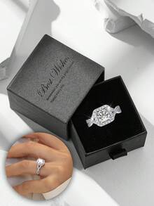 Conjunto de anéis de luxo com zircônias cúbicas brilhantes em caixa de presente, joias da moda para mulheres, ideais para festas e eventos noturnos. Feitos de cobre, não desbotam e são hipoalergênicos. Presente perfeito para as festas de fim de ano. - Prata - Ver 1