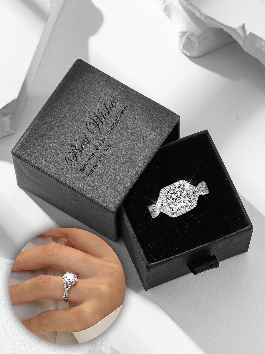 Conjunto de anéis de luxo com zircônias cúbicas brilhantes em caixa de presente, joias da moda para mulheres, ideais para festas e eventos noturnos. Feitos de cobre, não desbotam e são hipoalergênicos. Presente perfeito para as festas de fim de ano. - Prata - Ver 1