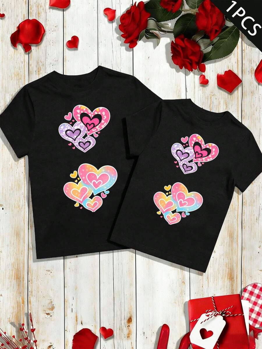 T-shirt Partner con stampa a cuore, primavera, girocollo, vestibilità comoda, street hip-hop, stampa artistica - UomoNero-1PC - Visualizzare 1