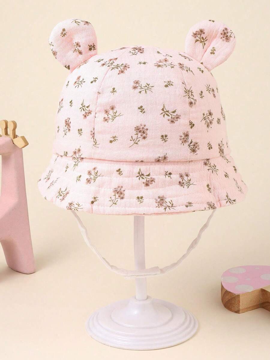 TUTUYA Baby Bucket Hat, Unisex Ditsy Floral Sun Hat With Ear Decor, Soft & Comfortable, Suitable For 0-24 Months Babies, White/Pink, With Chin Strap, For Daily/Outdoor/Play Use - Pink - View 1