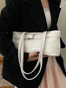 1个复古大容量手提包，通勤超大腋下包，时尚摩托车手提包，PU纯色油蜡皮革，带肩带装饰，拉链封口，女士单肩包，适合工作、大学生背包、短途旅行、度假、购物、商务等场合，日常使用皆宜。 - 白色 - 查看 6