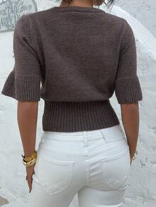 FOR BEAUTY 圆领棕色短袖露脐针织衫，女士春夏新款休闲宽松舒适套头衫，时尚优雅通勤百搭上衣 - 棕色 - 查看 8