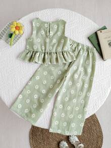 2pcs Girls Daisy Print Blue Plaid Top And Pants Set, Summer - Green - View 3