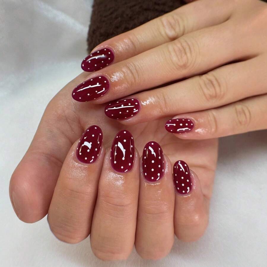 Simple Red Polka Dot Nail Art Wearable Nail Piece Short Oval Nail Cross-Border Hot-Selling Wearable Nail Fake Nail - Y630-24片/盒[果凍膠+搓條] - 查看 1