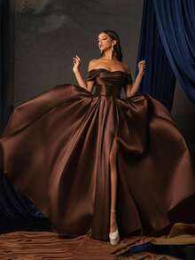 Đầm dạ hội dài trễ vai sang trọng dành cho nữ, tay áo cánh dơi xẻ đùi, chi tiết xếp ly và khóa kéo, chất liệu vải dệt xòe, thích hợp cho tiệc cưới mùa xuân. - màu nâu - Xem 1