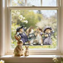 1张可爱兔子抱彩蛋窗贴，包含蝴蝶和花朵图案，可移除PVC自粘贴纸，适合春季复活节卧室、客厅、阳台和橱窗装饰。 - 彩色 - 查看 11