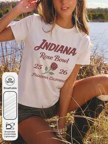 Women's Daily 2026 Indiana Rose Bowl Graphic Crew Neck Short Sleeves Casual Summer Women's Tops ,College Football Graphic Women's White T-Shir - White - View 2
