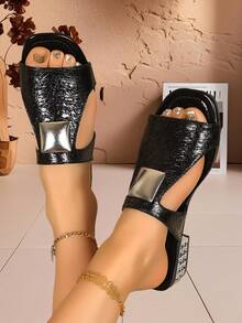 女士低跟粗跟凉鞋，舒适室内/室外休闲时尚拖鞋，适合春、夏、秋季穿着，时尚的套脚凉鞋，可搭配连衣裙，适合海滩、度假等场合。 - 黑色 - 查看 5