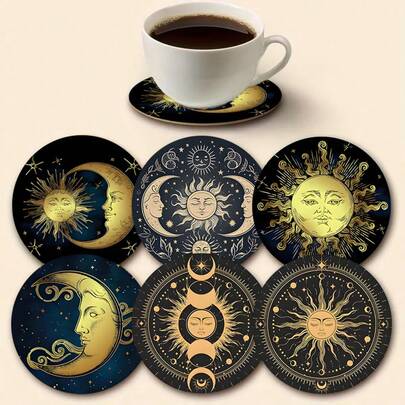 Set Of 6 Round Wooden Coasters - Star And Moon Motif, Composite Wood Coasters For Coffee And Tea Cups, Arabic Party Decoration, Decoration For Home And Dining Table, Ideal Party Gift
