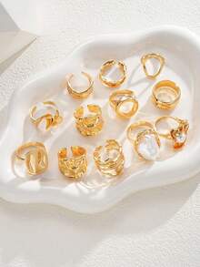 14/12/3pcs Set Asymmetrical Shaped Faux Pearl Flower, Geometric, Liquid, Round, Hollow, Multilayer Metal Textured Rings, Oversized, Chunky, Fashionable, Elegant, Vintage, Suitable For Holiday, Party, Date, Gift, Daily Wear - 12PC - View 6