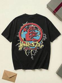 Hell Star Heaven On Earth Records Tee Acid Washed Shirt Unisex Couple Matching Boyfriend Style Hell Star Path To Paradise Text Retro Biker Badge Print Summer Outfits Cotton Graphic Tees Men Oversized T Shirt Summer Clothes Men Fall Clothes Men Winter Clothes - 黑色 - 查看 5