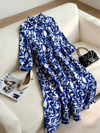 Plus Size Elegant Women's Dress, Blue & White Floral Print, Collared Design, Loose Flared Maxi Dress, Machine Washable Fabric, Suitable For Vacation, Party, Date, Outdoor, Shopping, Gift Spring