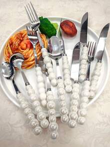 2/4/12/24pcs Set Exquisite Pearl-Shaped Stainless Steel Silverware Set, Includes Ceramic Handle Dinner Knife, Dessert Spoon, Fork And Soup Spoon - Unique Elegant Kitchen Tools And Accessories, Suitable For Restaurant And Home Daily Dining - Gold - View 9