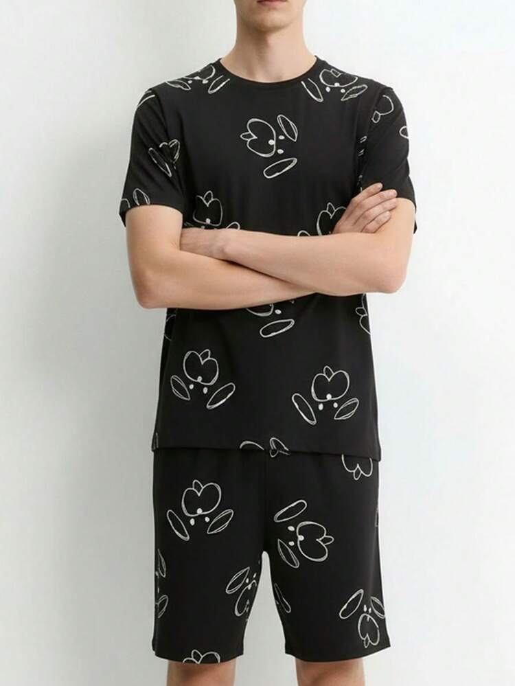 Men's Casual Comfortable Solid Color Printed Short Sleeve Shorts Pajama Set, Summer - Multicolor - View 5