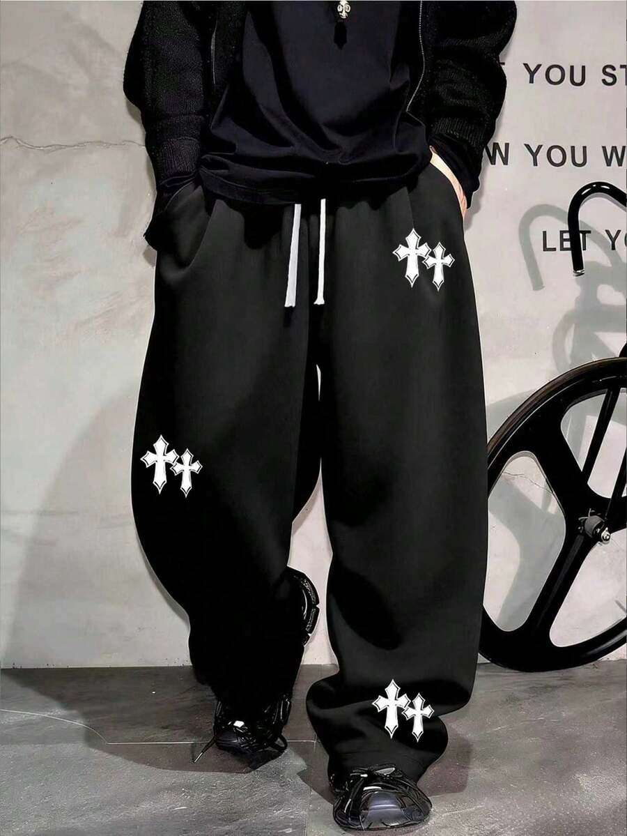 Skyrend 1pc Men's Cross Print Loose Casual Sports Pants, Drawstring Elastic Waistband, Street Style Loose Fit With Pockets Grunge - Black - View 1