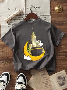 Ramadan Boys & Teens Casual Printed Crew Neck Short Sleeve T-Shirt, Summer Top - Dark Grey - View 3