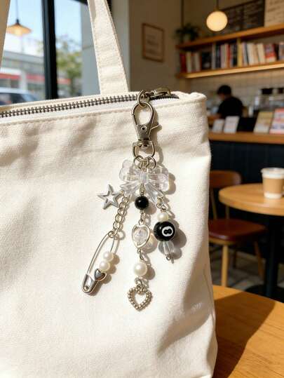 1pc Vintage Billiard Black 8 Ball Keychain, Beaded Heart Chain Pendant, Phone Strap, Subculture Accessory