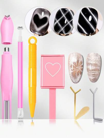 6pcs Cat Eye Nail Magnet Set Multi-Pattern Magnetic Tool With Dotting Pen Nail Art Kit