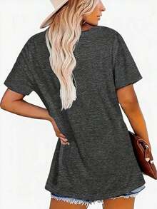 1Pcs,2026,Printed Crewneck T-Shirt, Casual Short-Sleeved Summer Everyday Tops, Women's Clothing,Vintage Summer Tops For Women - Màu xám đen - Xem 2
