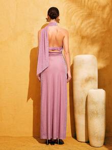 LOVE&LEMONADE 紫红色植绒豹纹无袖露背高领修身长裙