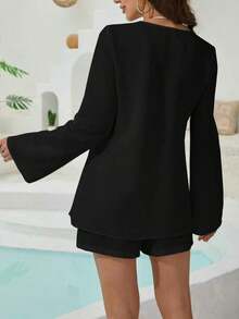 Women Solid Color Front Tie Long Sleeve Top And Shorts Resort Set Spring - 黑色 - 查看 3