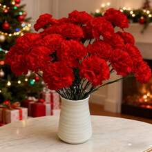 10支仿真康乃馨，丝质花茎，适用于葬礼布置、婚礼花束、花圈装饰、DIY手工、母亲节、情人节等场合。可用作婚礼中心装饰、新娘送礼、桌面摆设、家庭聚会、生日装饰。不含花瓶。 - 紅色 - 查看 6