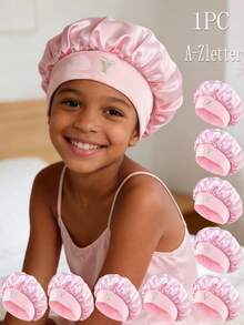 1pc Children's Smooth Satin Letter Print Sleep Cap, Fashionable & Comfortable, Breathable Anti-Slip, Daily Hair Care Cap - Multicolor - View 1