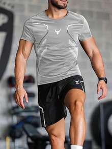 男士短袖T恤短裤套装，休闲日常通勤，透气速干，适合健身、跑步、骑行、锻炼、户外活动 - 灰色 - 查看 4
