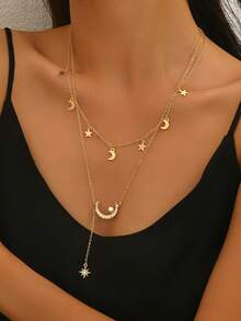 1 Set Nuevo Collar Colgante Minimalista Creativo de Combinación de Estrella y Luna con Borla de Doble Capa, Versátil para Mujeres, Ideal para Vestidos de Festival, Regalo Ideal para Familia/Amigos - Amarillo Oro - Ver 4