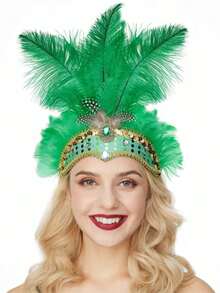 1-Piece Carnival Artificial Feather Headwear, Dancer Headband, Lady Feather Beauty Pageant Headband, 1920s Jazz Girl Headband, Halloween - Three Hair Bands - View 6