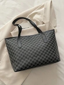 大容量字母印花手提包，绗缝单肩包，女士通勤包 - 黑色 - 查看 8