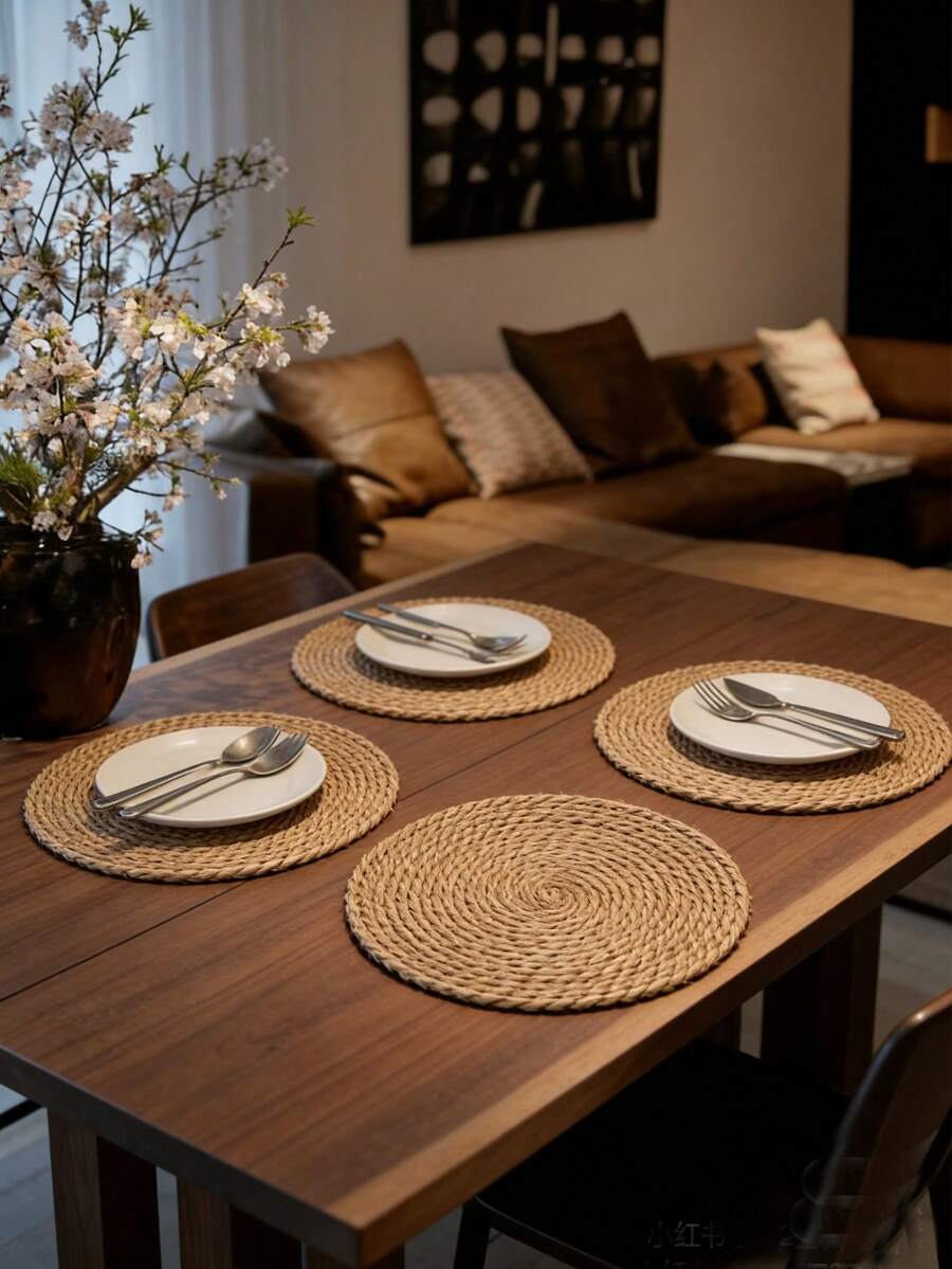 4pcs Mini Succulent Plant Pot Set, Woven Straw Planter, 10.2 Inch Diameter, Decorated With Seaweed Rope, Suitable For Desk, Dorm, And Office Decor. The Planter Can Also Be Used For Home Decor, Landscape Decor, Party And Holiday Decor, Birthday Party Decor. - Multicolor - View 1