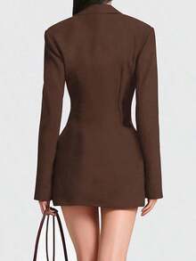 Sexy Casual Brown Knitted Fabric Long Sleeve Mini Dress For Women With Button Front And Plicated Detailing - Brown - View 4