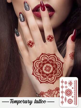 One Valentine's Day Temporary Tattoo Sticker, Festival Red Freedom Flower Vine, Mandala Henna Temporary Tattoo Sticker, Washable PVC Disposable Waterproof Sweatproof Waist And Knee Non-Reflective Realistic Tattoo, Suitable For People's Daily Use, Lasts 3-5 Days.